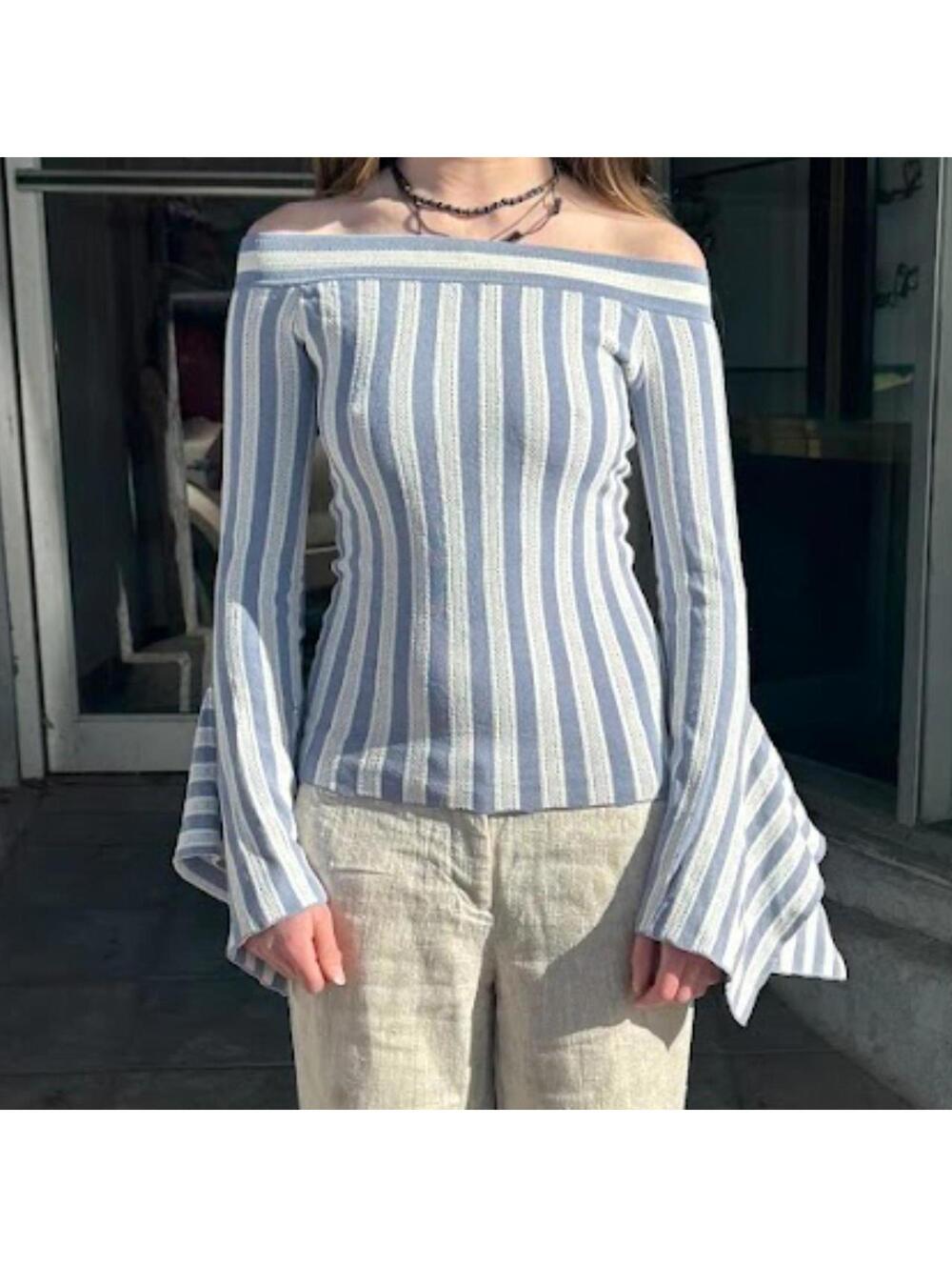 BCBG XXS Thin Knit Blue & White Striped Bell Sleeve Top